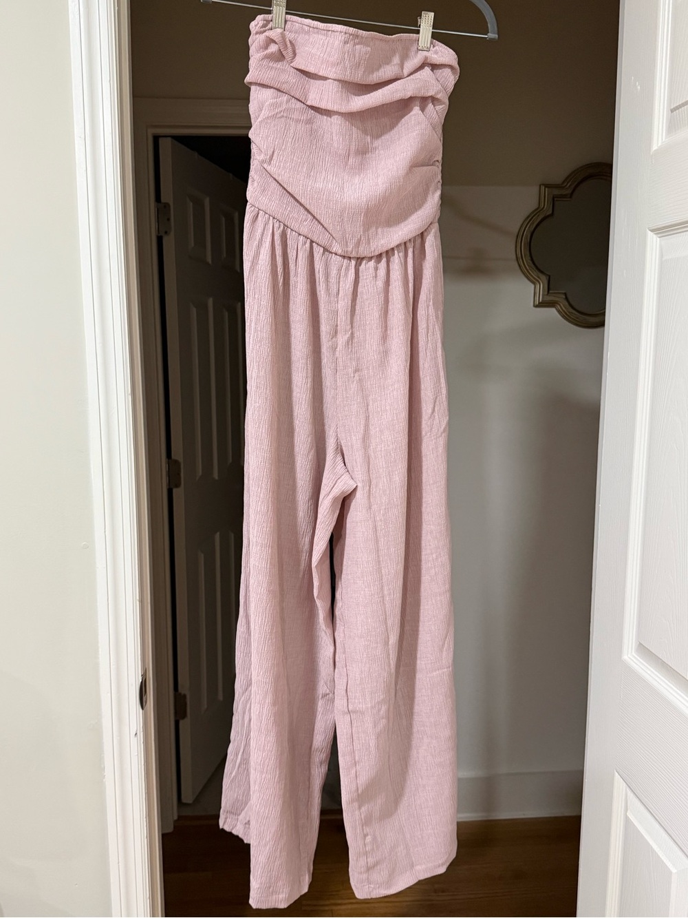 Cider Dusty Pink Strapless Wide Leg Jumpsuit NWOT Textured Gauze